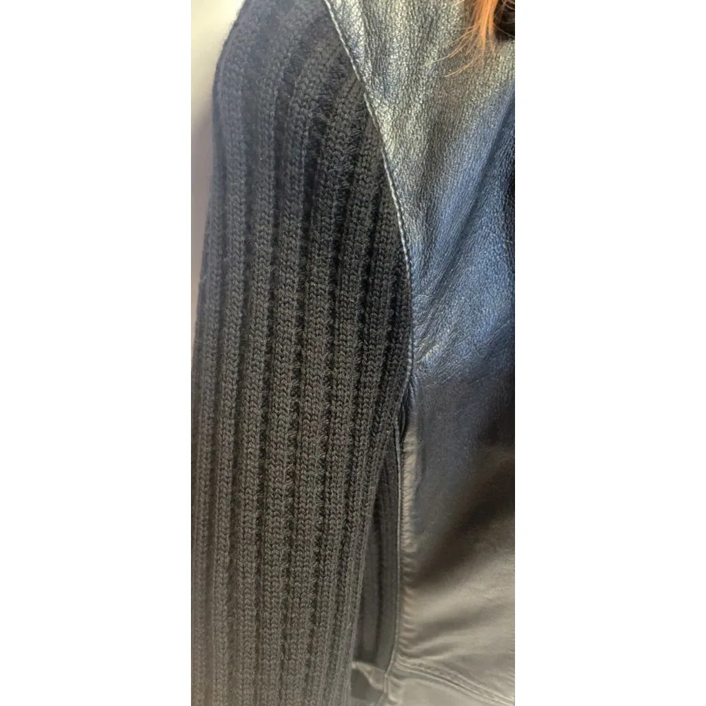 RARE Vintage Carlisle Black 100% Leather Moto Jacket Ribbed Wool Knit Detail Size M - Image 3