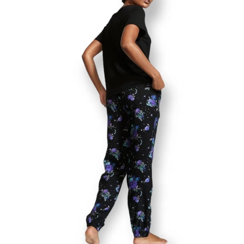 VICTORIA'S SECRET Sz M Flannel Jogger Tee-Jama - Black Celestial Floral - Image 2