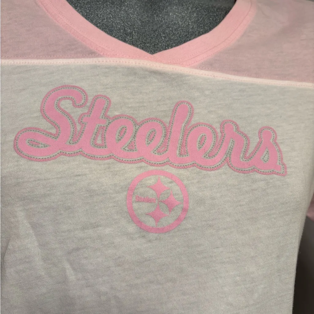 NFL Pittsburgh Steelers Tee Shirt V-neck White/Pink Logo Team Apparel Sporty XL - Image 3