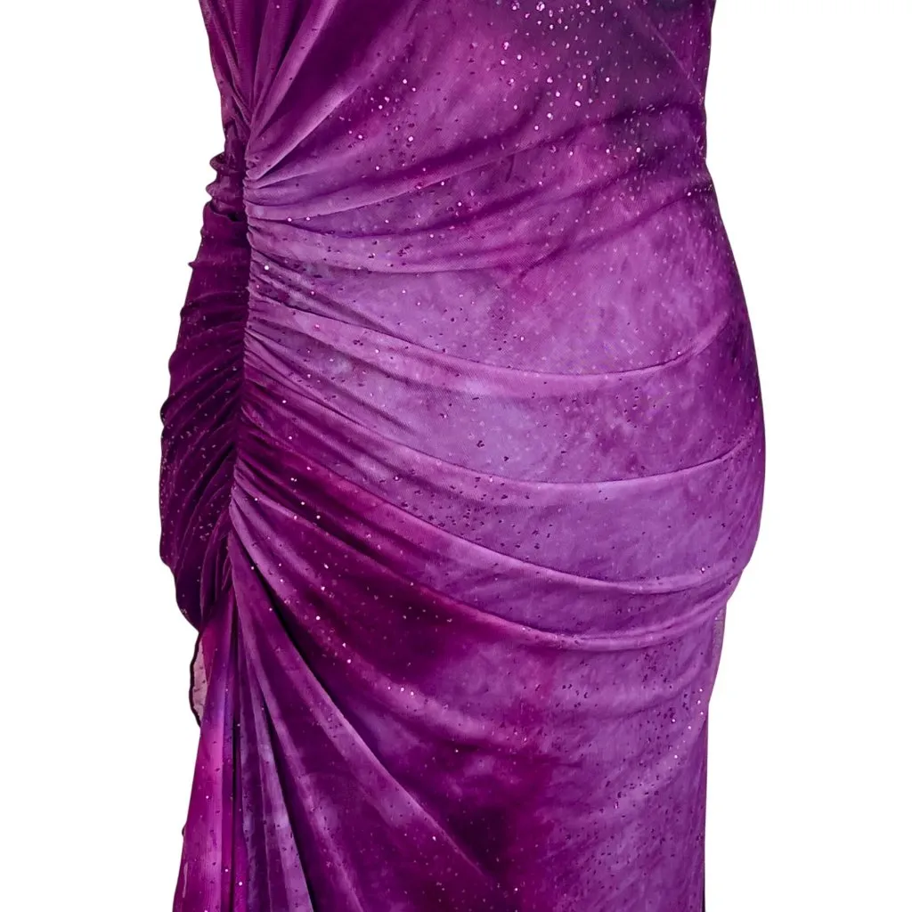 VTG Whimsygoth A-Line Purple Slip Gown M Ruched Sparkly Prom Formal Stretch - Image 5