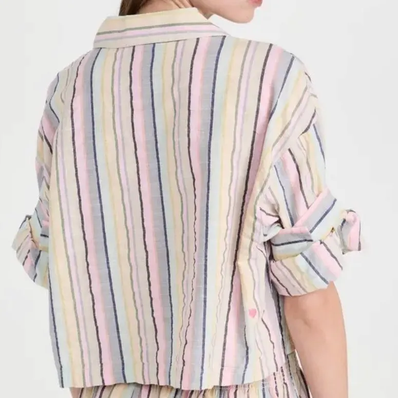 Kerri Rosenthal Sherri Stripe Shirt Small Multicolor Cotton Button Down Heart Pink - Image 3