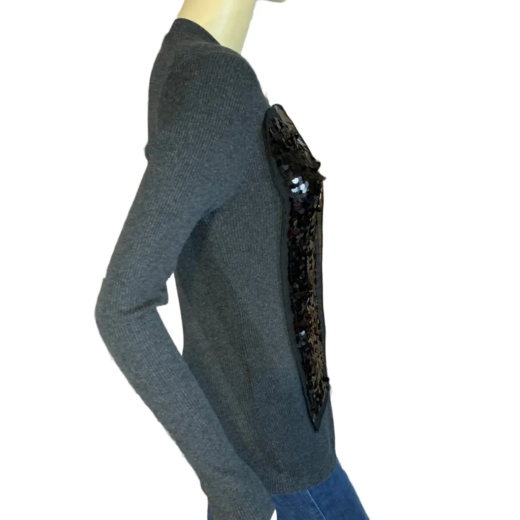 SIMPLY VERA VERA WANG GRAY RIBBED KNIT W/BLACK SEQUINS CARDIGAN SWEATER (XS) - Image 4