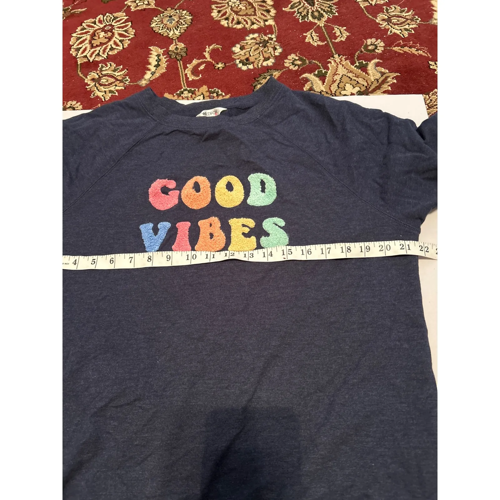 Wildfox "Good Vibes" Crewneck Sweatshirt Blue Multi‎ Chenille Applique Size S - Image 6