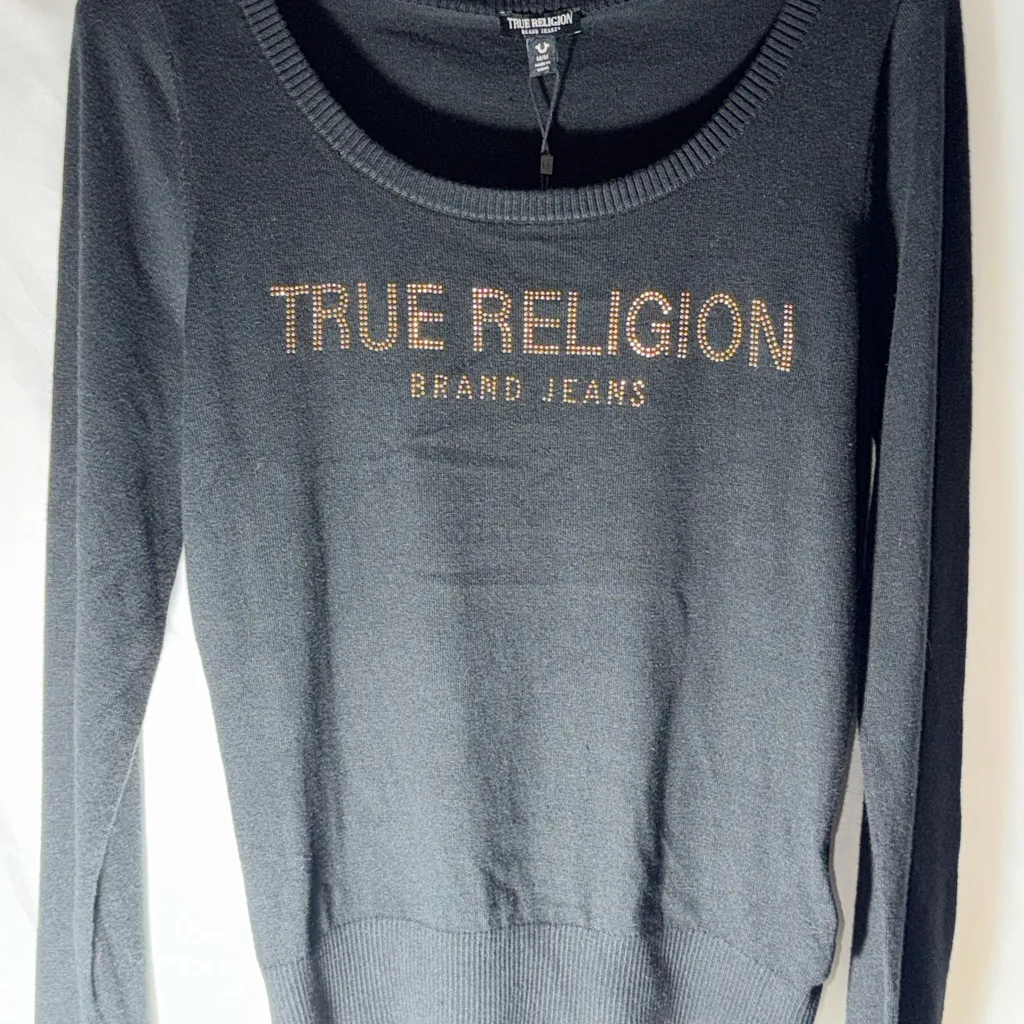 True Religion Black and Gold Knit Rhinestone Pullover Sweater NWT Size Medium - Image 2