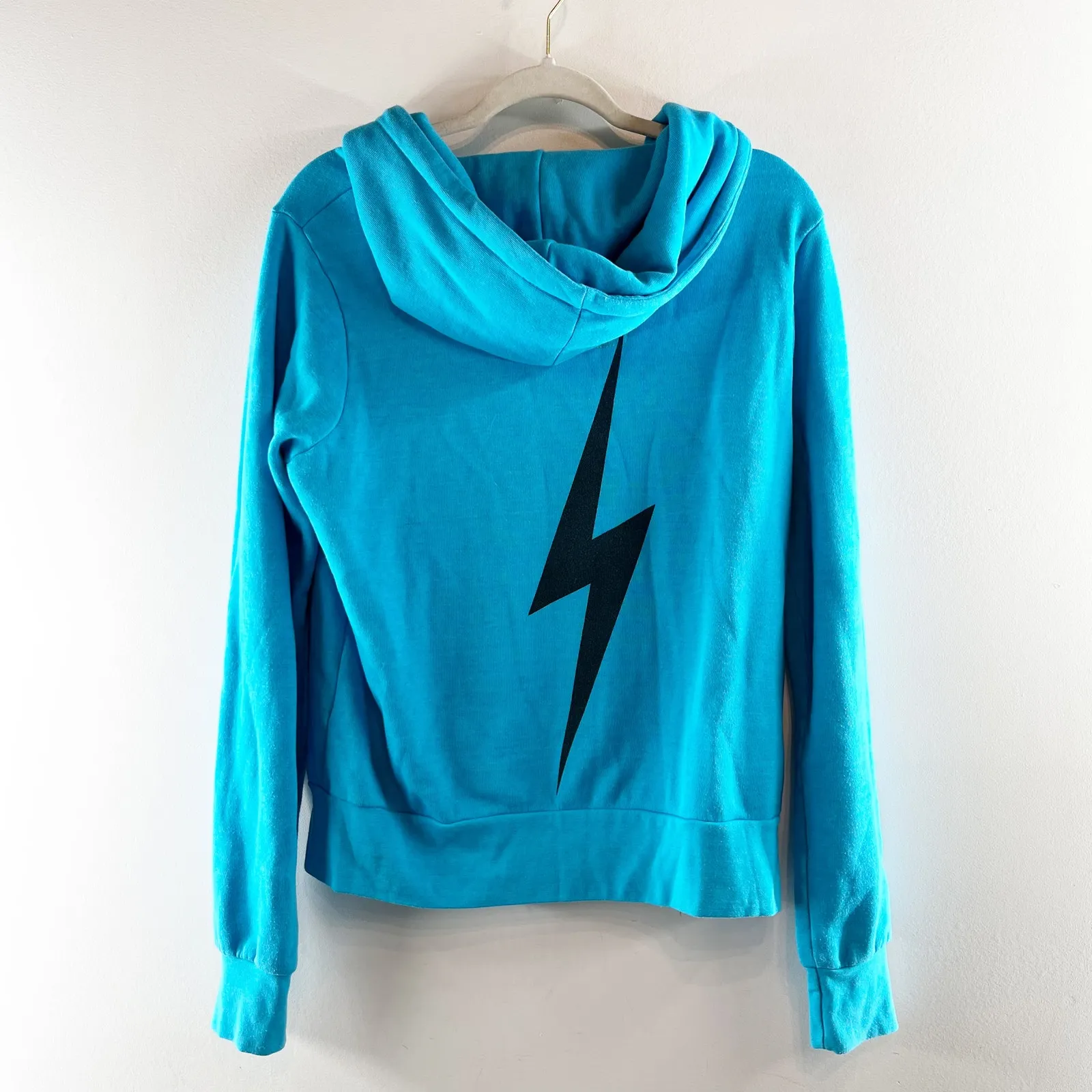 Aviator Nation Full Zip Lightning Bolt Hoodie Neon Blue Small - Image 5