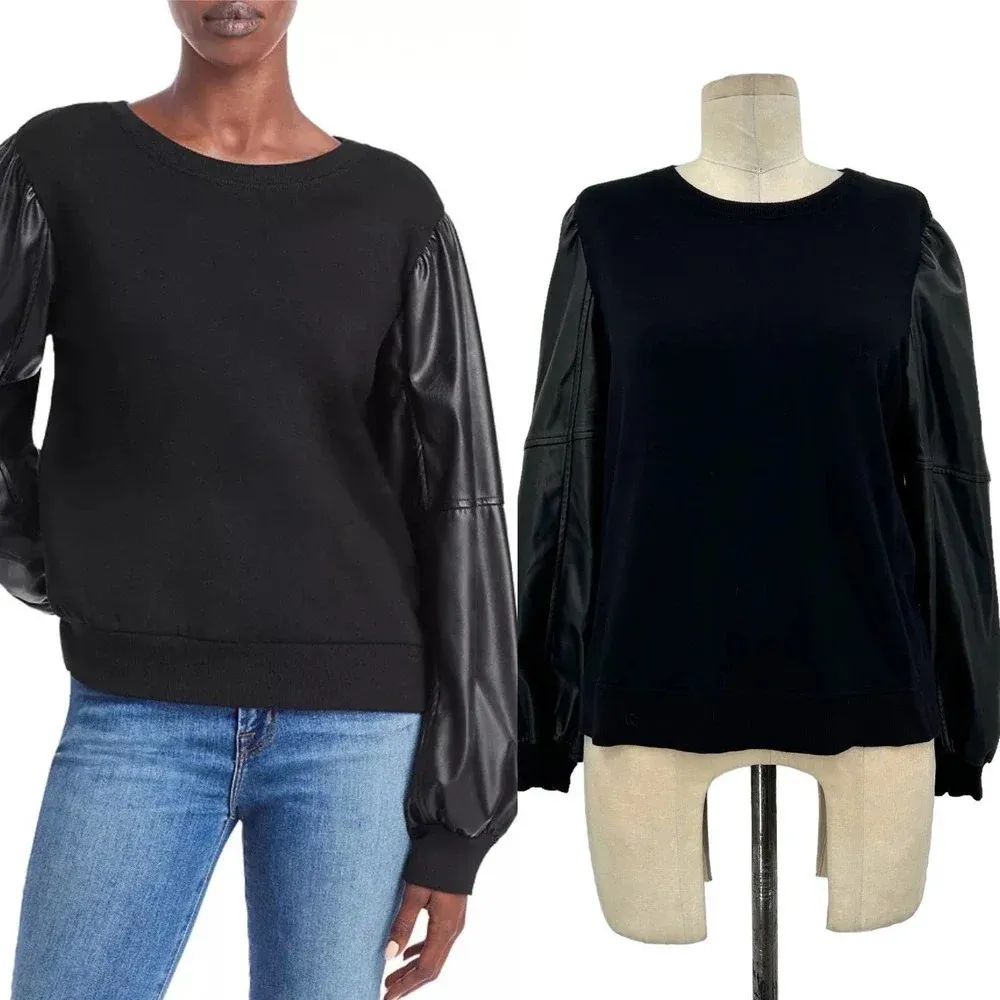 Generation Love Finley Faux Leather Sleeve Sweatshirt Black Size XS - Image 2
