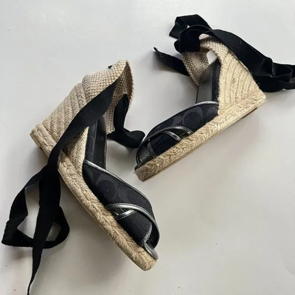 Coach Espadrille Tie Up Wedge Sandals Womens Size 7B Black Sig 12CM MILA‎ Rope - Image 4