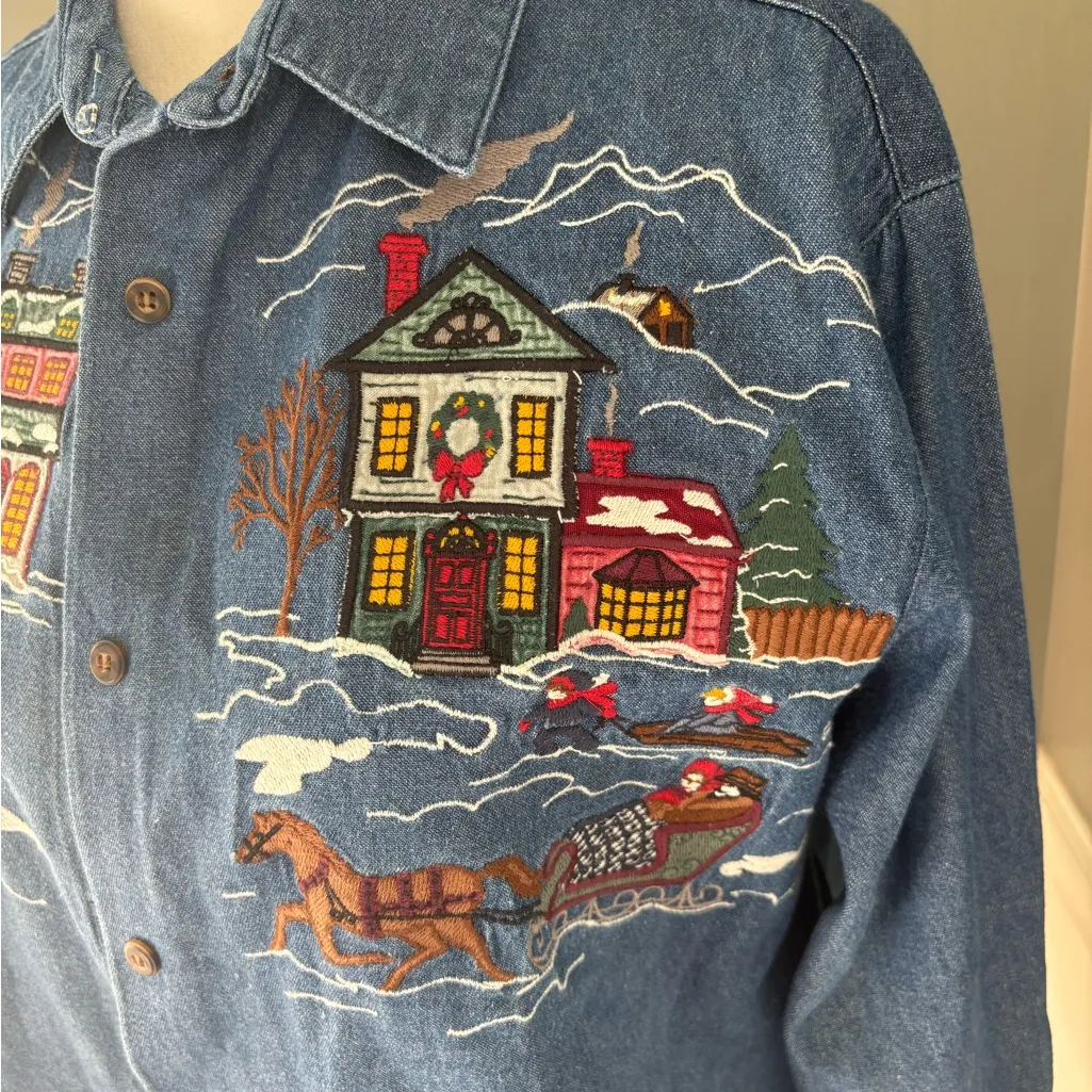 Vintage Karen Scott Embroidered Winter Christmas Denim Shirt size small petite - Image 2
