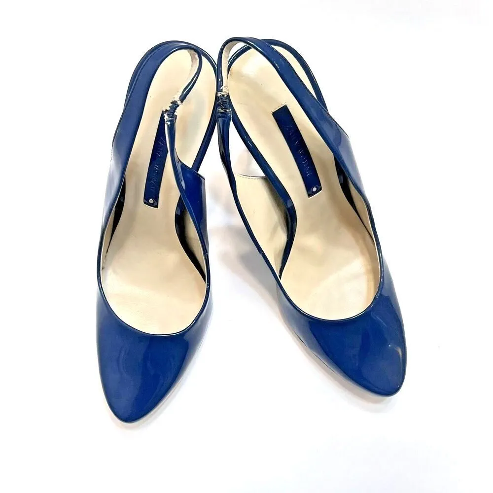Zara women navy blue patent leather high heels luxury party  US 8 - Image 7