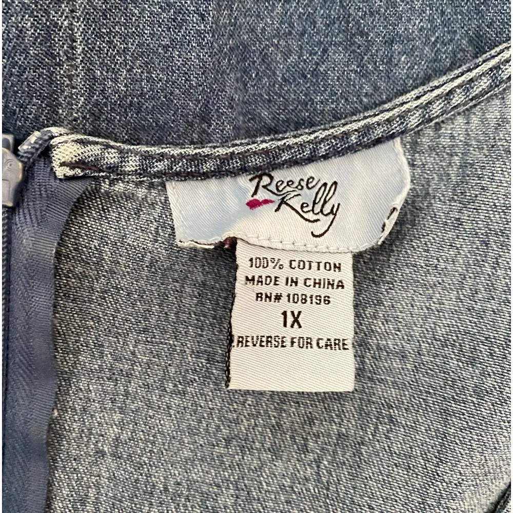 Reese Kelly Blue Denim Sleeveless Embroidered Sunflower Midi Dress, Size 1X - Image 4