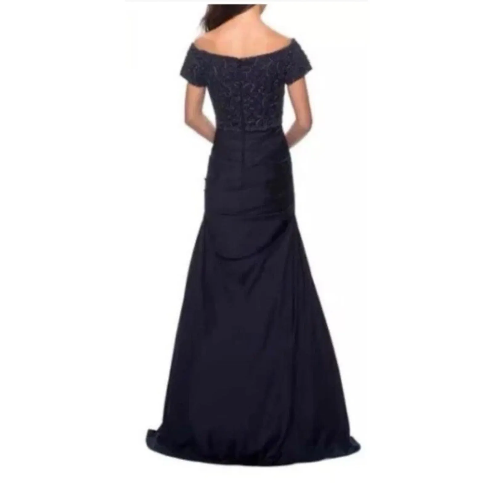 New La Femme Navy Beaded Off‎ the Shoulder Sweetheart Ruched Satin Mermaid Gown - Image 3