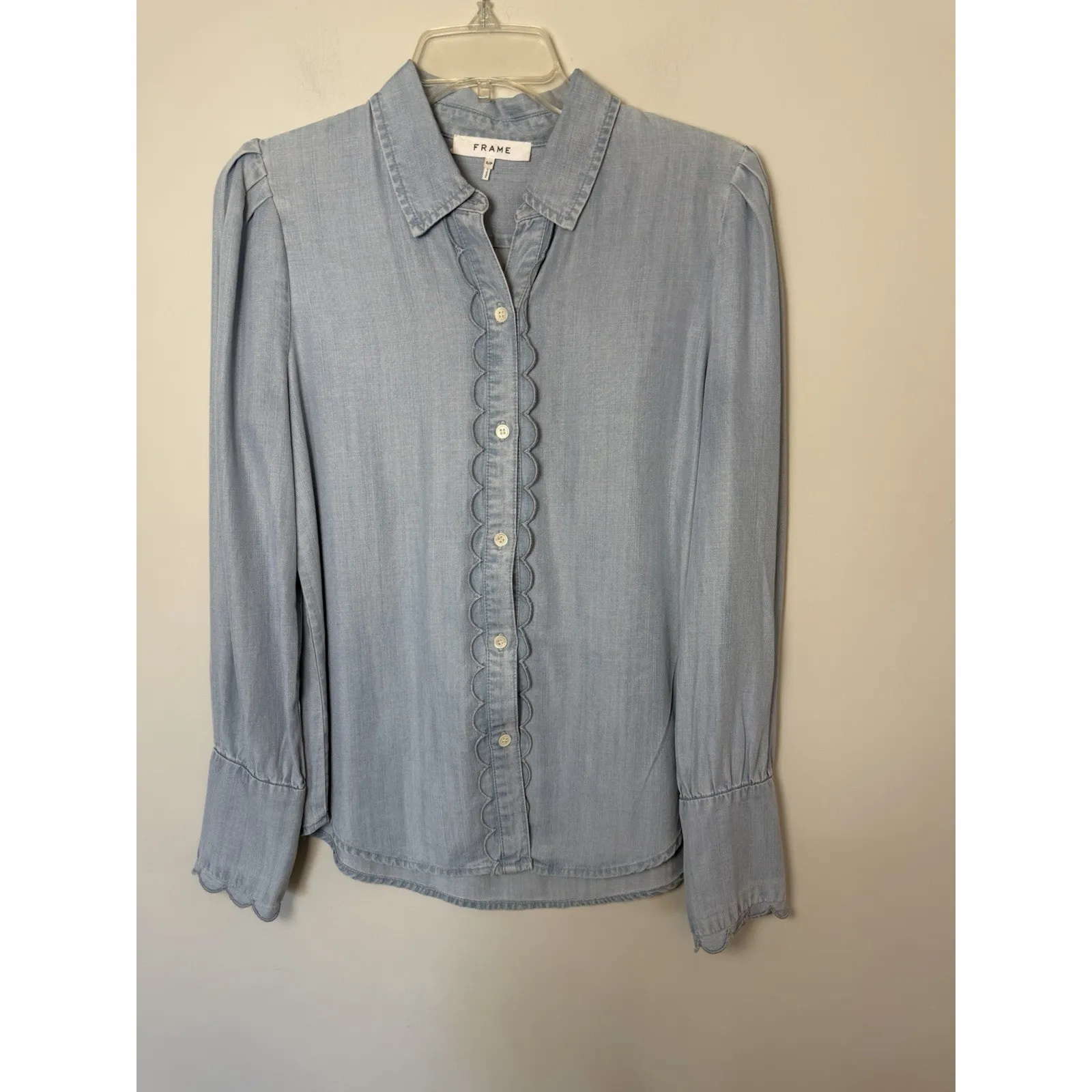 Frame Soft Chambray Tencel Button Down Scallop Long Sleeve Blouse Sz S $245 - Image 3