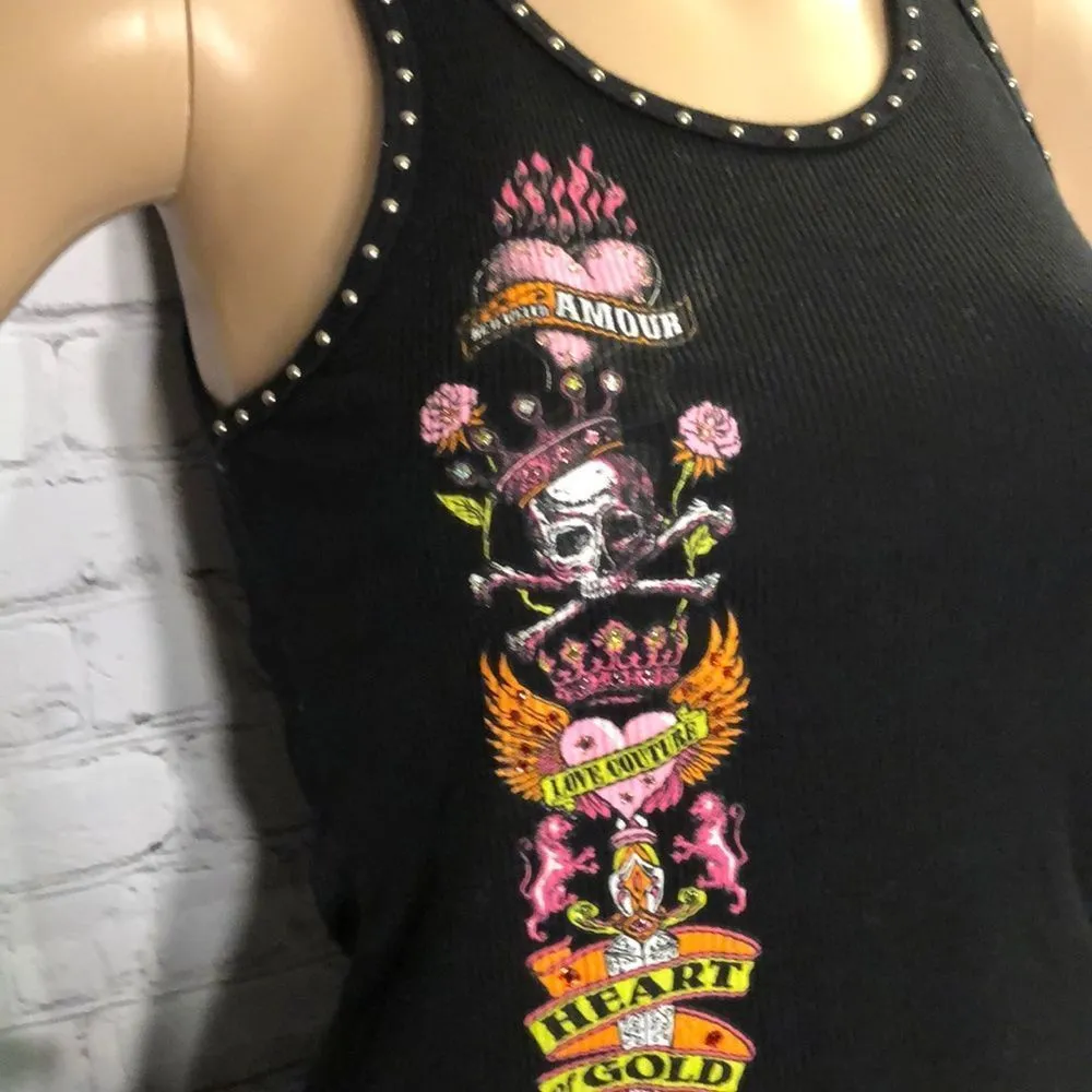 Bejeweled Studded Punk Tank Top Skull Flowers Hearts Flames Eagle XS/S - Image 4