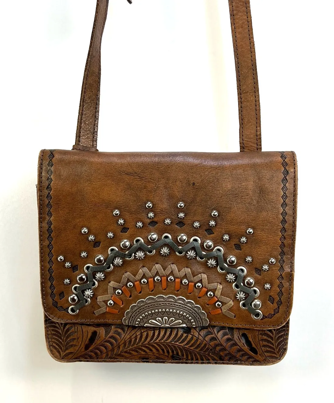 American West Tooled Crossbody Bag Brown Leather Rivet Detail - Image 1