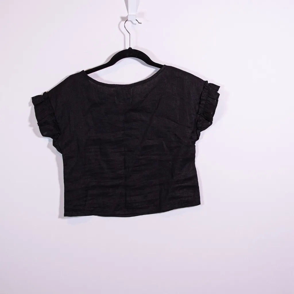 CJ Laing Linen Lightweight Ruffle Short Sleeve Semi Cropped Blouse Shirt Top XS - Image 4