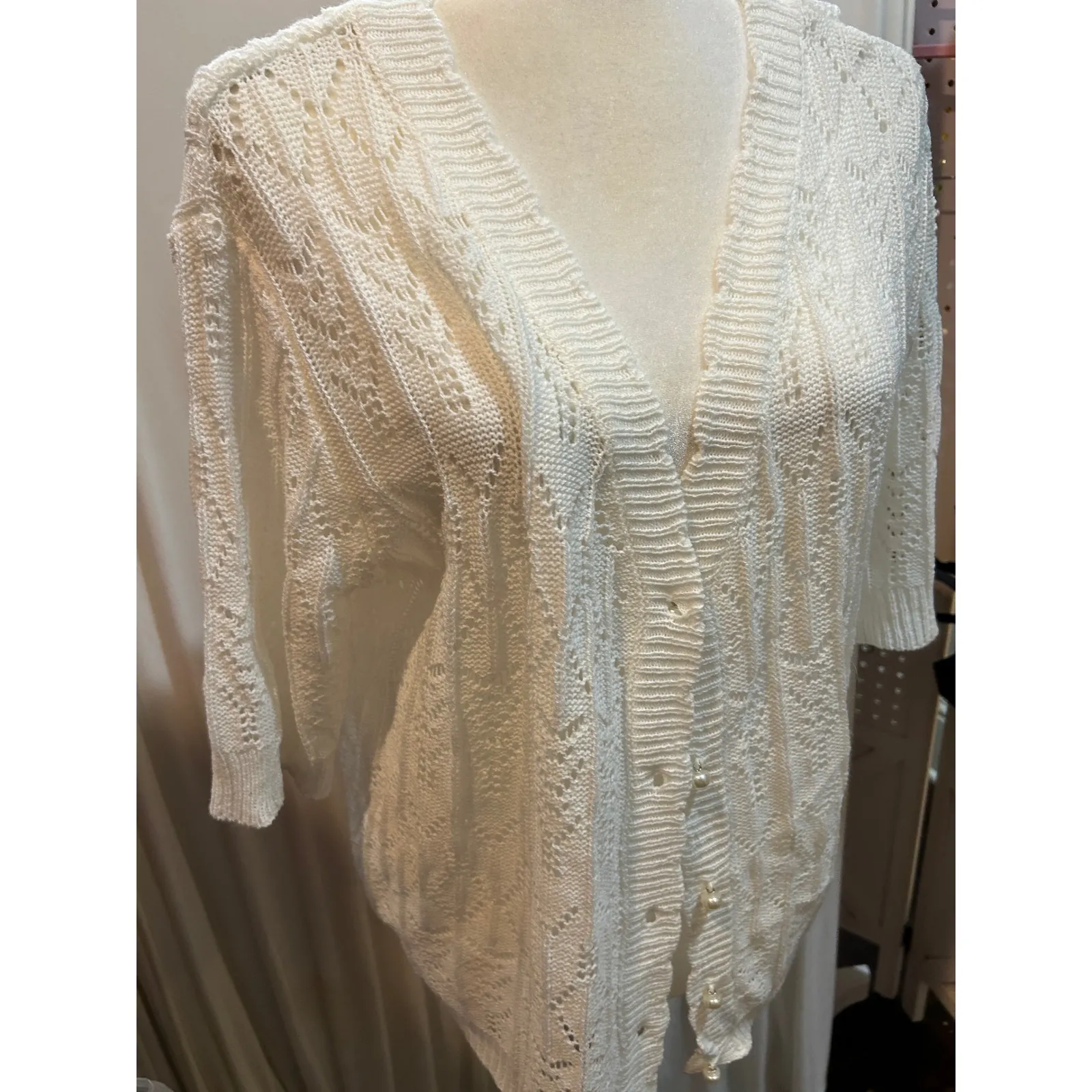 Crochet Cardigan Sweater Womens Open Knit Pearl Button Front White 3/4 Sleeve Size M - Image 2