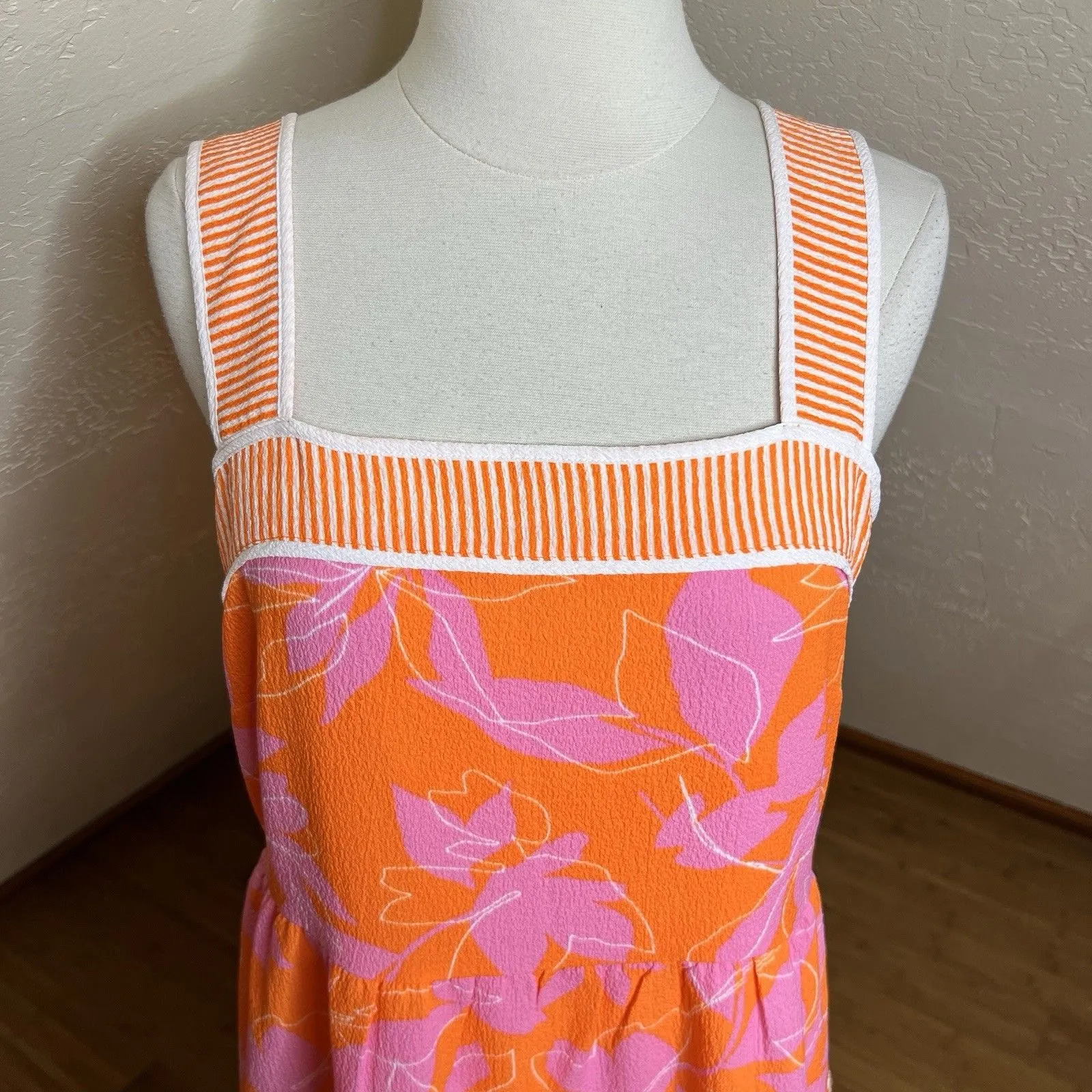 Isaac Mizrahi Live Orange Printed Midi Dress Size 10 Tiered Square Neck - Image 3