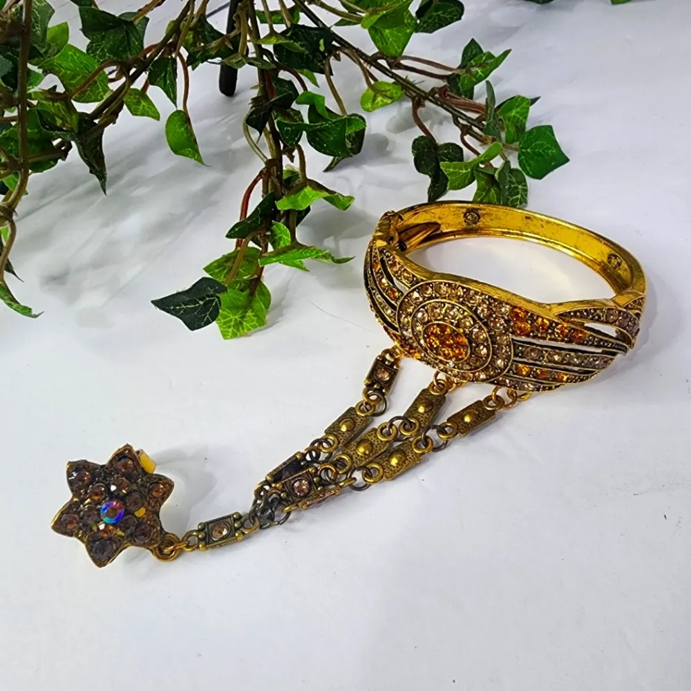 Statement Gold Hinge / Clamper Bracelet with Crystals and Attached Ring New - Image 2