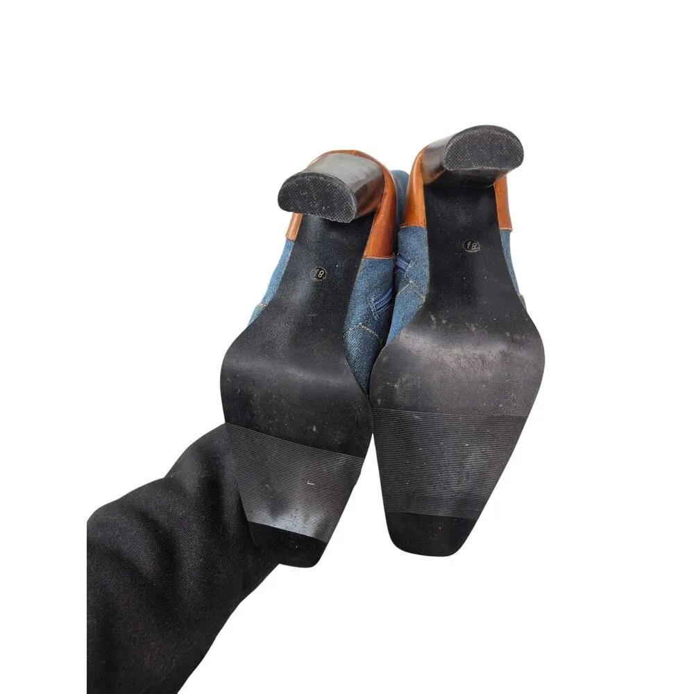 Noel I LOVE NY Denim Blue Jean Brown Leather Dress Boots Pockets Buckles Sz 8.5 - Image 8