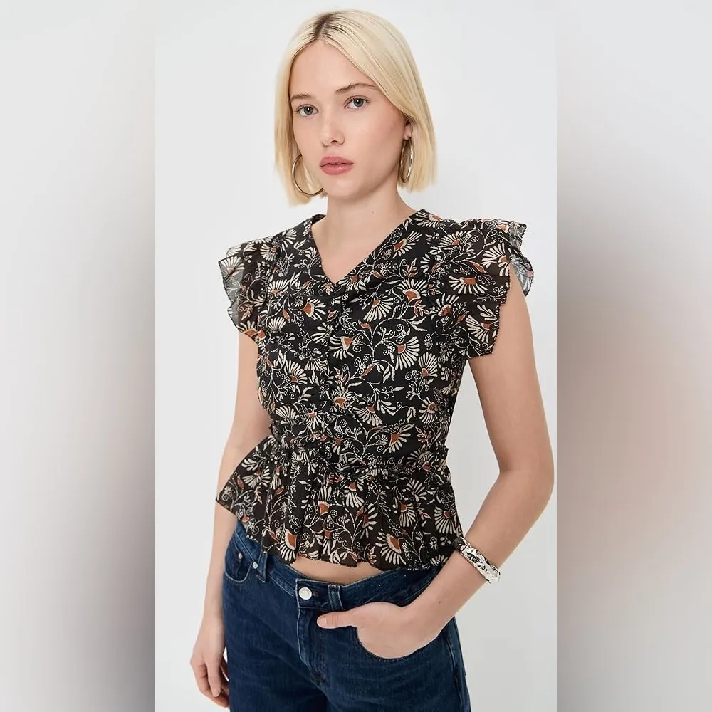 Rails Cali Cassia Floral Flutter Sleeve Peplum Top XS Black 100% Cotton - Image 2