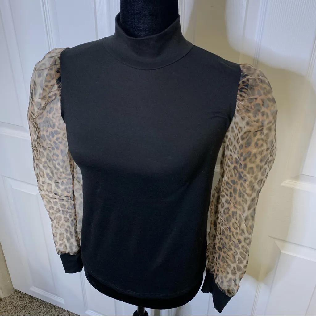 Black Turtleneck Top with Leopard Print Sheer Sleeves Size M - Image 2