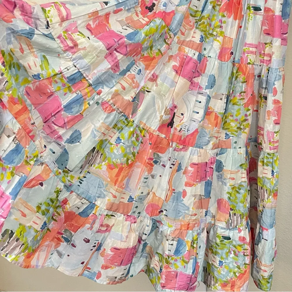 PINCH Jetset Motif Smocked Puff Sleeve‎ Midi Dress Size Large Blue - Image 6