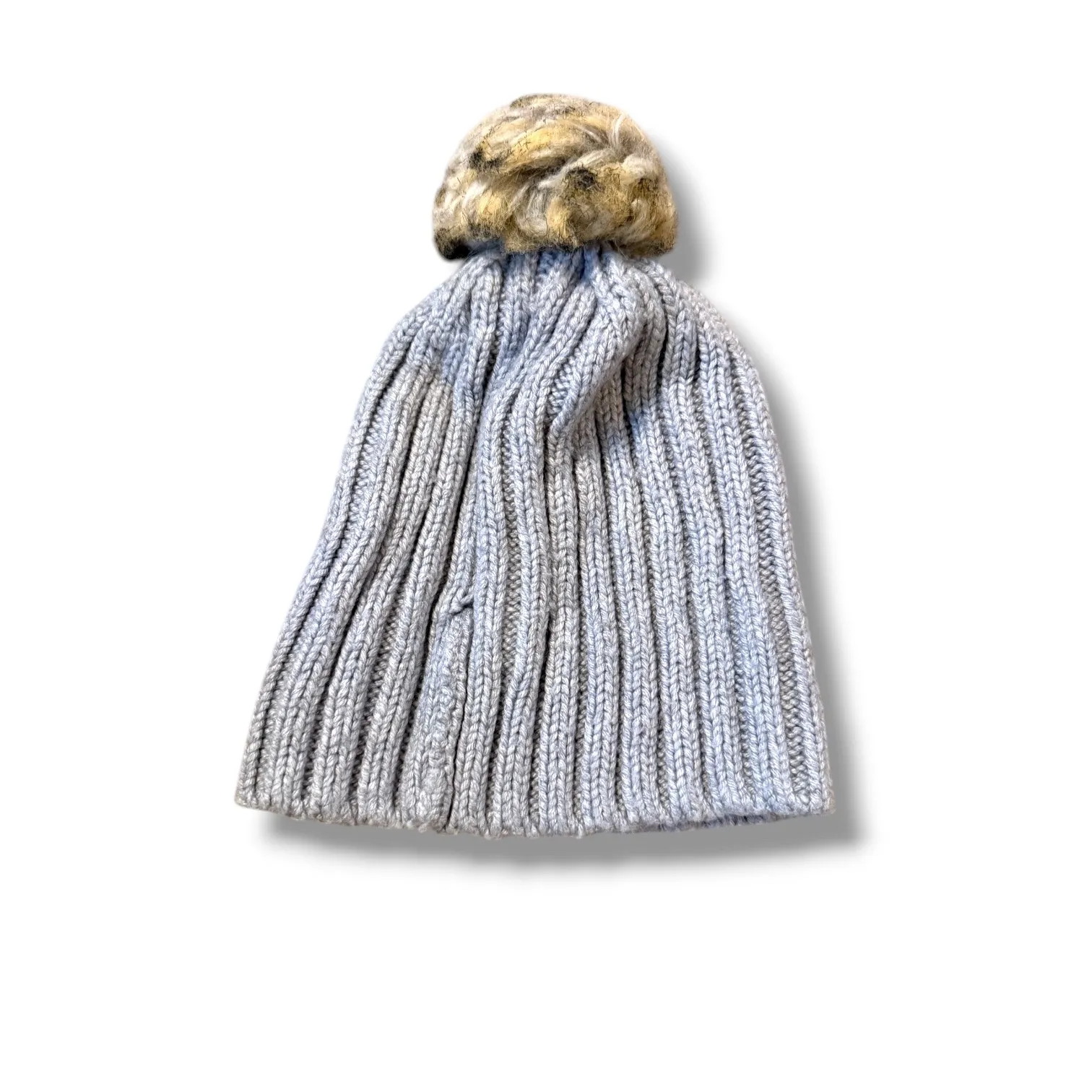 J.Crew Ribbed‎ Knit Beanie Hat Gray One Size Faux Fur Pom Winter Cap - Image 3