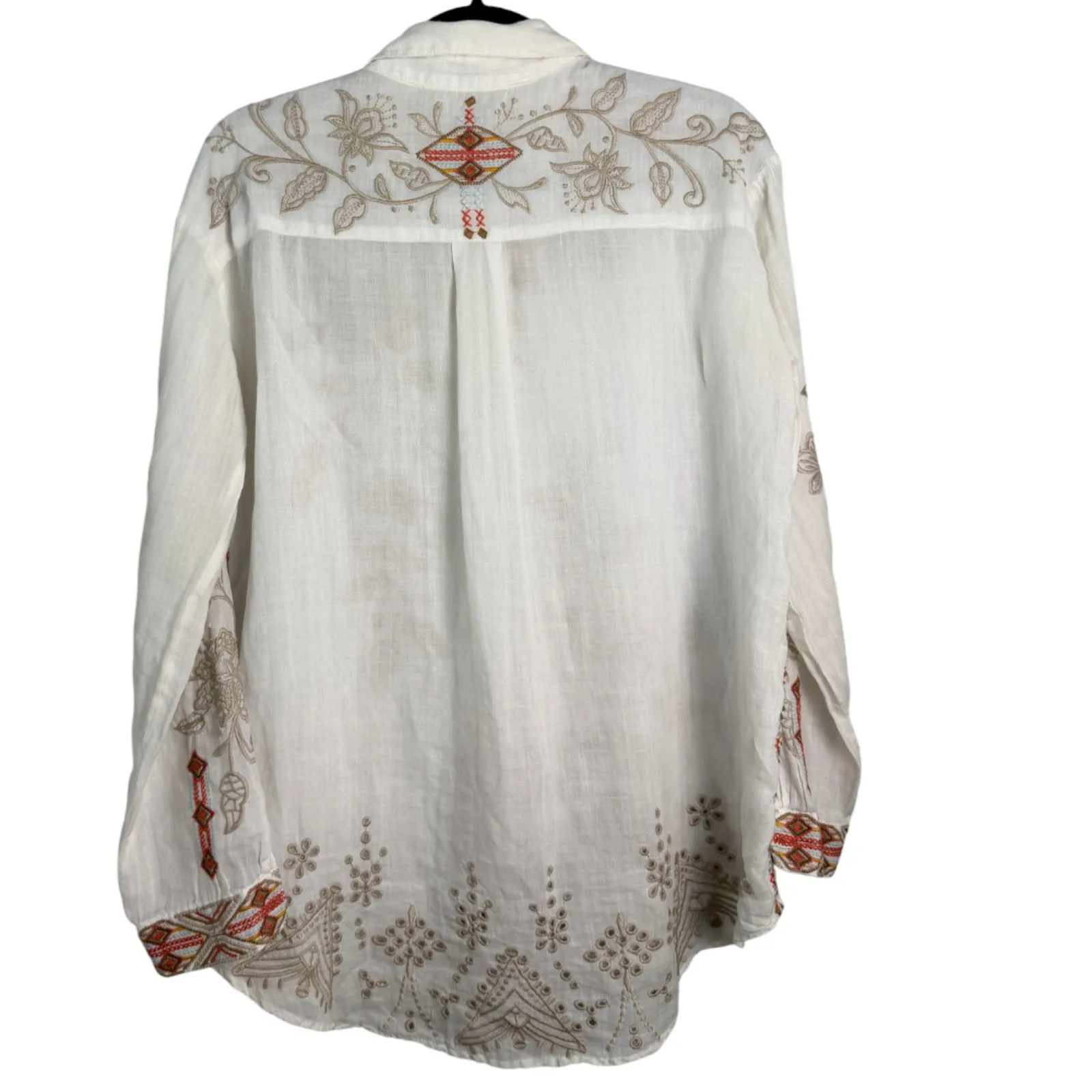 Johnny Was Workshop Chai Oversized Shirt White Embroidered Button Blouse Size XS - Image 9