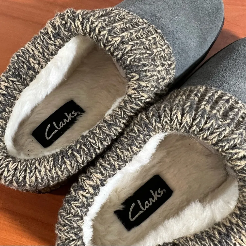 Clarks Willowdean Fern Faux Fur Lined Grey Sweater Women's Clog Slipper Size 7 - Image 6