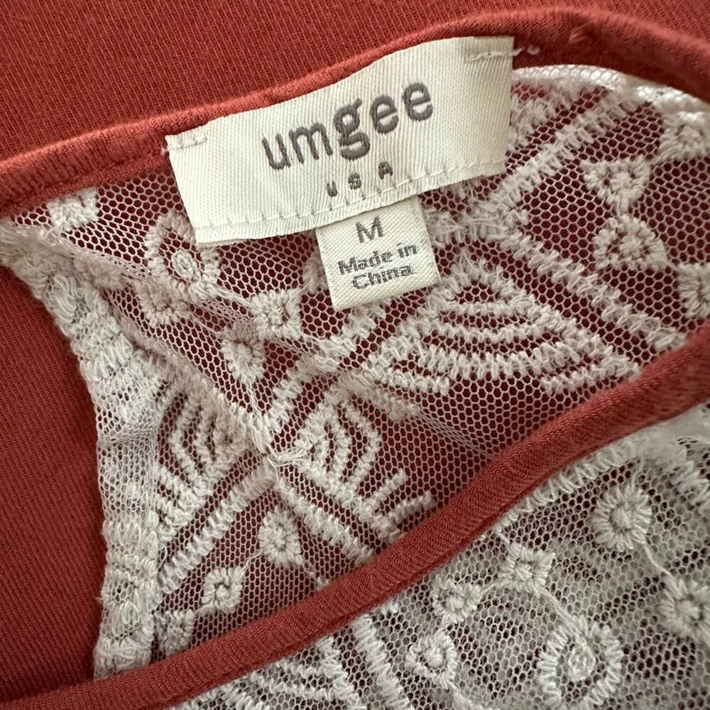 Umgee Rust Orange Lace Babydoll Top Dress Peasant Crochet Cottage Boho Sheer - Image 3