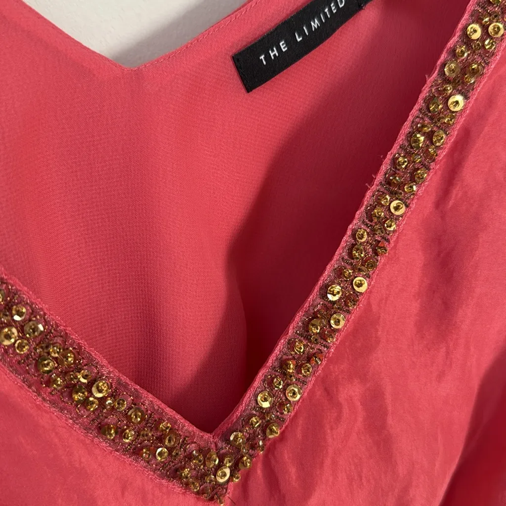 The Limited 100% Silk Coral Pink + Gold Beaded Layered Ruffle Blouson Tank Top - Image 4