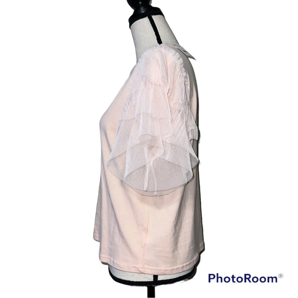 Small womens short sleeve pretty in light pink ruffle t shirt dressy casual - Image 8