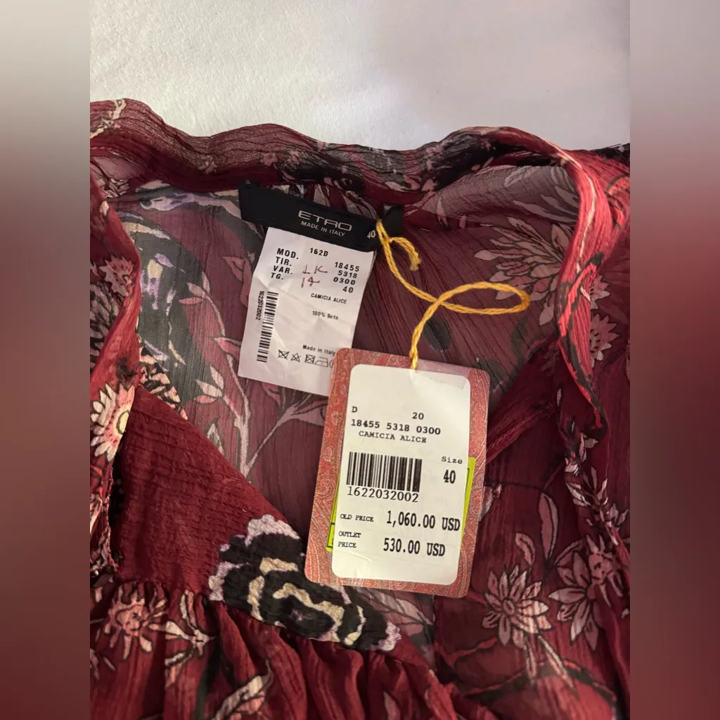 NEW $1060 ETRO Italy Floral Maroon Dark Red Sheet Silk Lightweight Blouse US 4 - Image 6