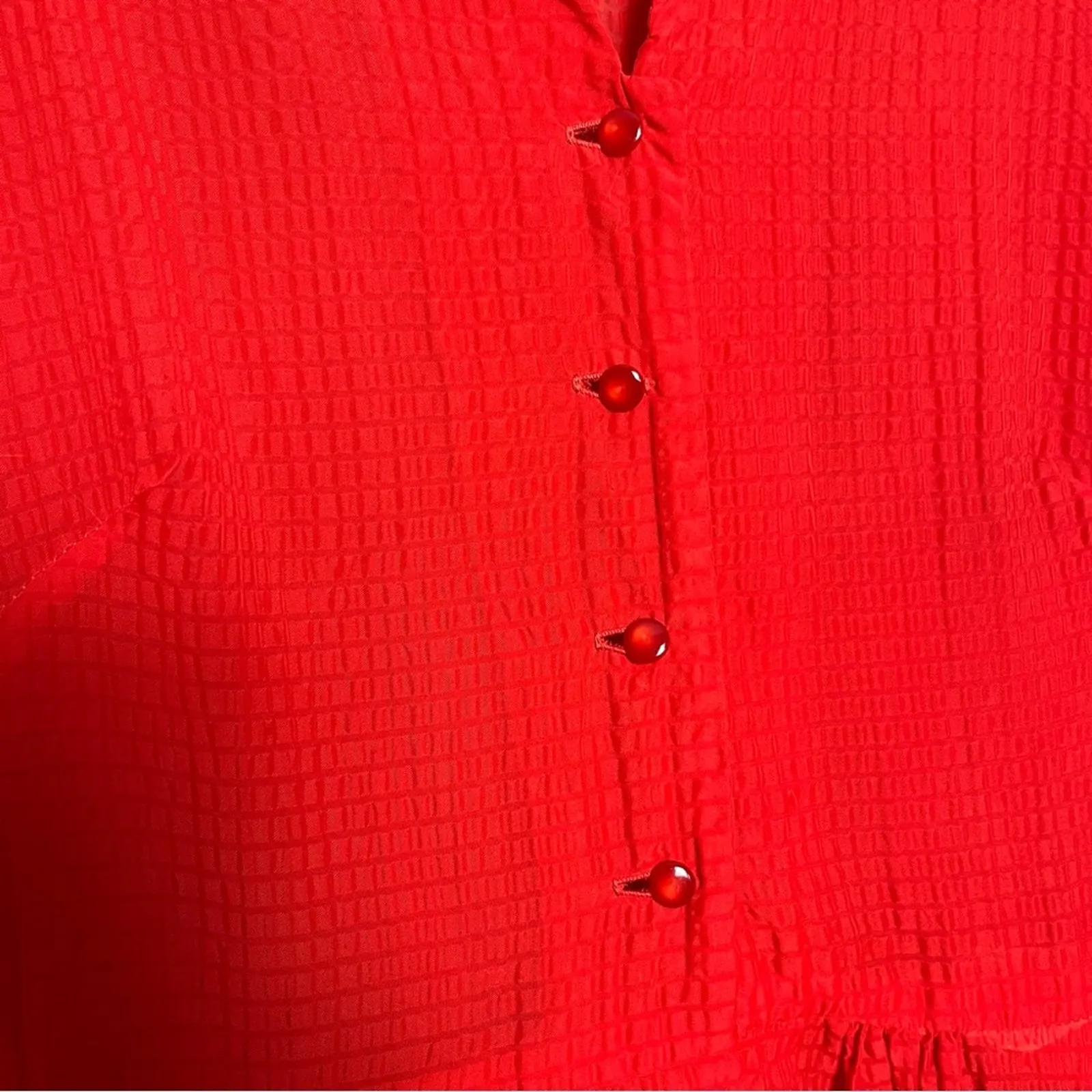 Vintage 1940s Gail Whitney Button Up Midi Dress Sheer Textured Cherry Red Size 6 - Image 5