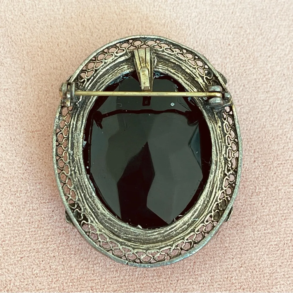 vtg facet cut black crystal gold plated frame collar pendant brooch two way - Image 2