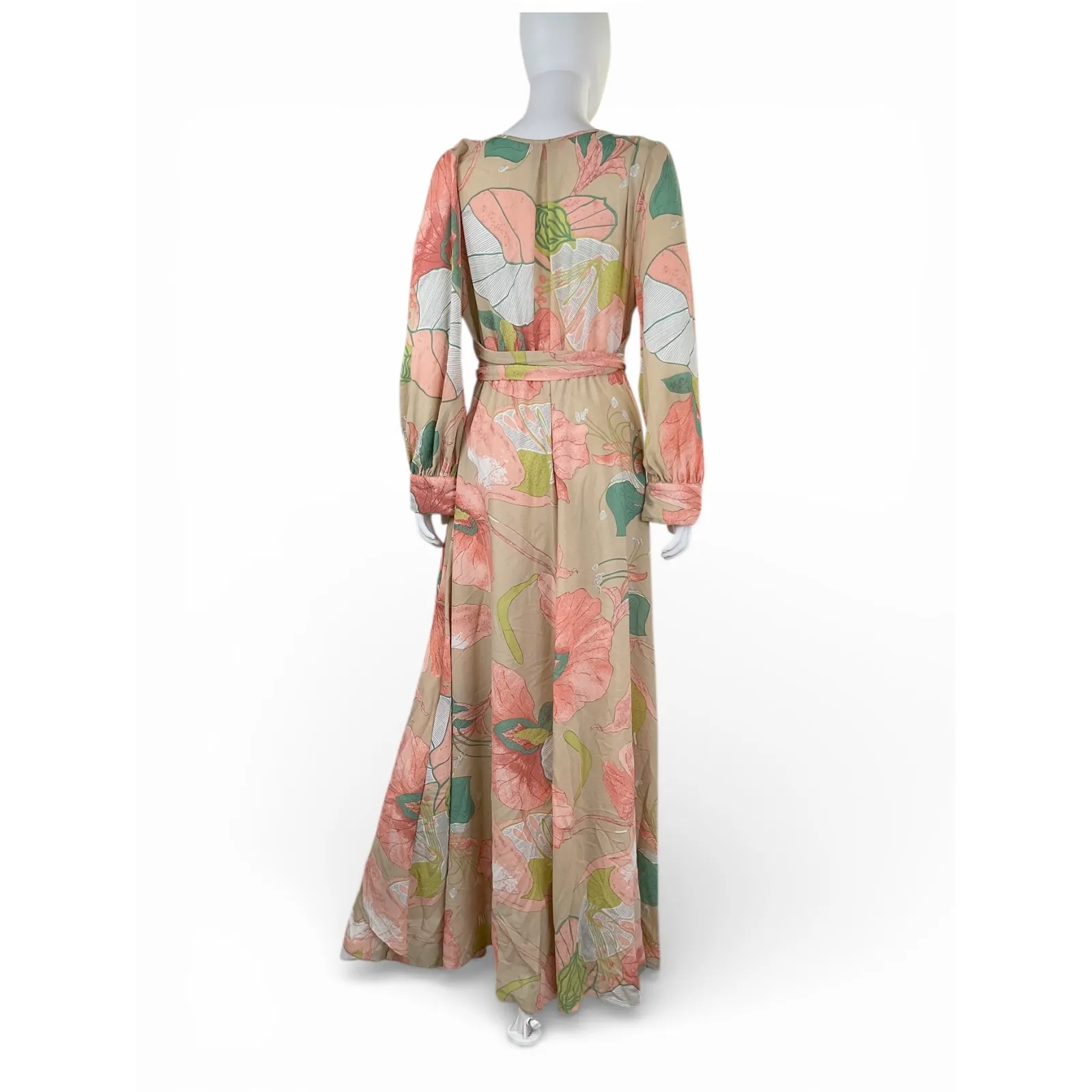 Xtaren Floral Print Maxi Wrap Dress Long Sleeve Belted Bohemian Beige Pink M - Image 2