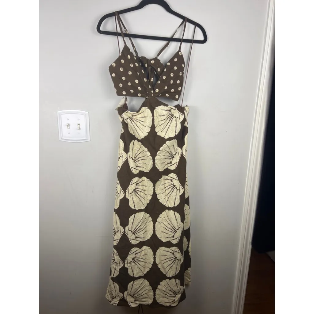 Abercrombie & Fitch Linen Blend Cutout Maxi Dress Brown Floral Print Polka Dot T - Image 2