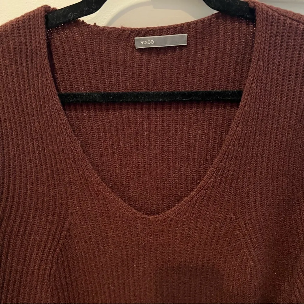 Vince V Neck Burgundy Knit Ribbed Sweater | M - Image 3