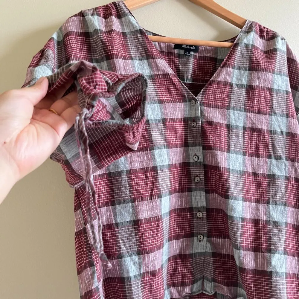 Madewell Morningview Tie-Sleeve Shirt in Burgundy Plaid Womens Size M Top Blouse - Image 7