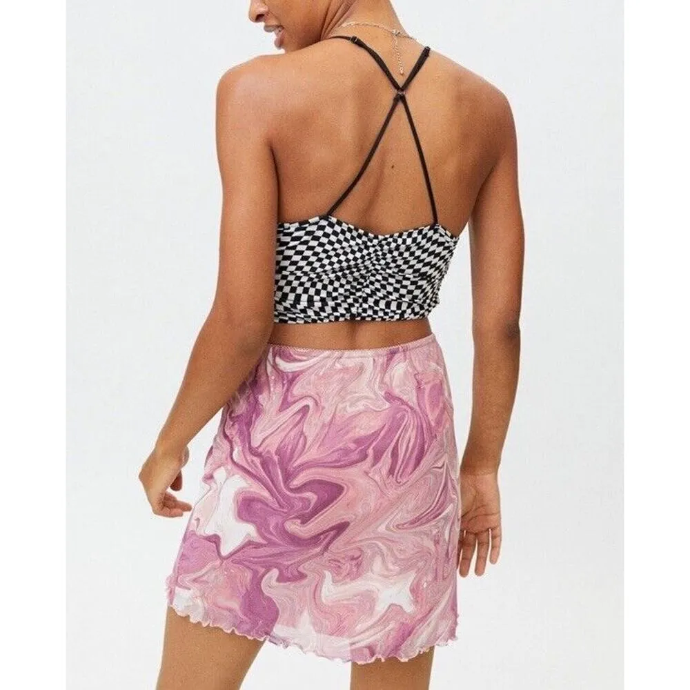 UO Pink Multi Watercolor Print UO Mesh Mini Skirt XS - Image 3