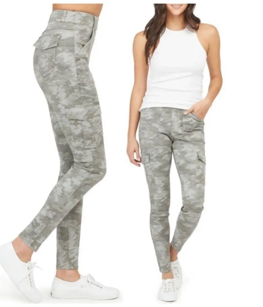 Spanx High Waisted Stretch Twill Ankle Cargo Pant Stone Wash Camo Green Grey L - Image 12