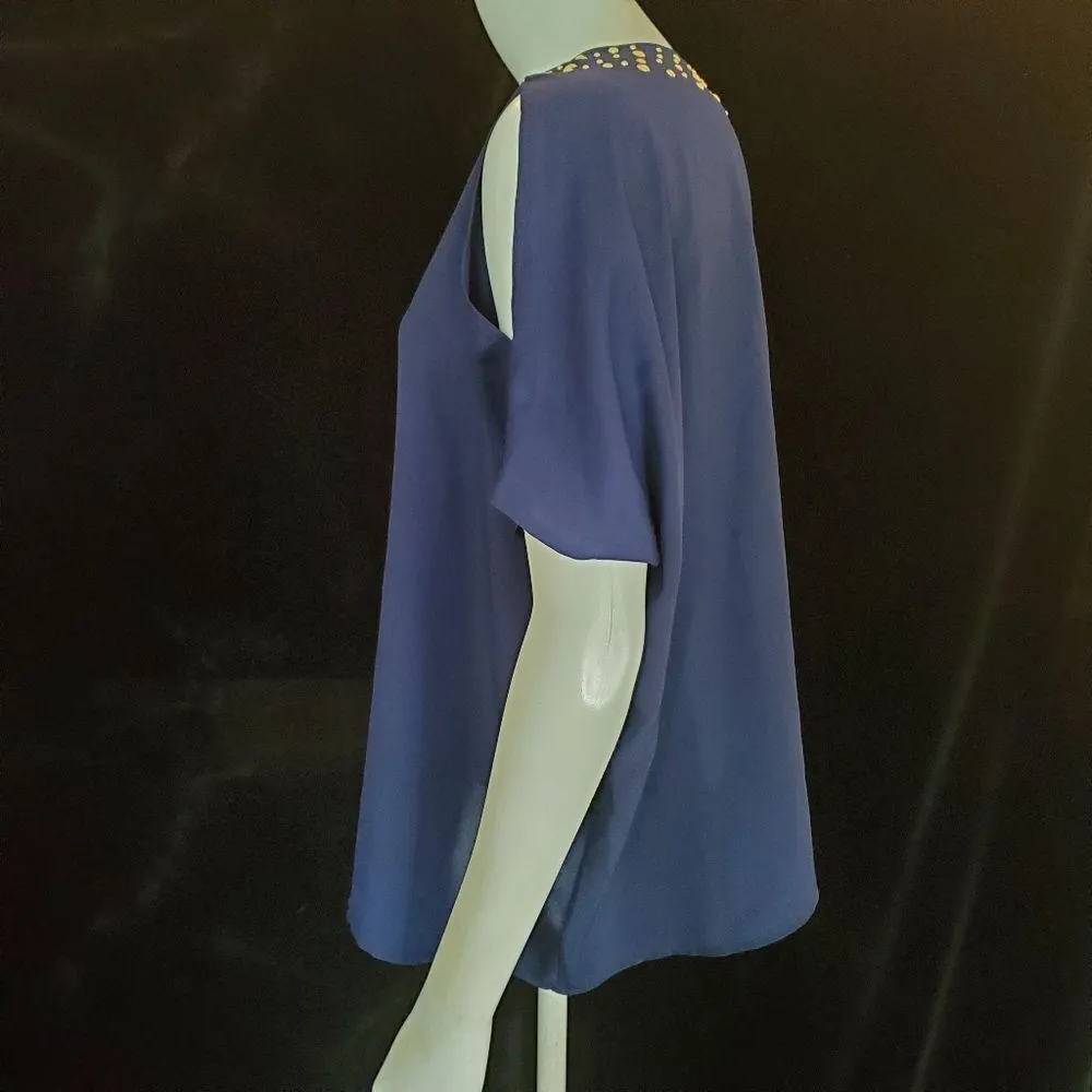 Lilly Pulitzer Navy Blue Cold Shoulder Gold Stud Neckline Blouse (XS) - Image 5