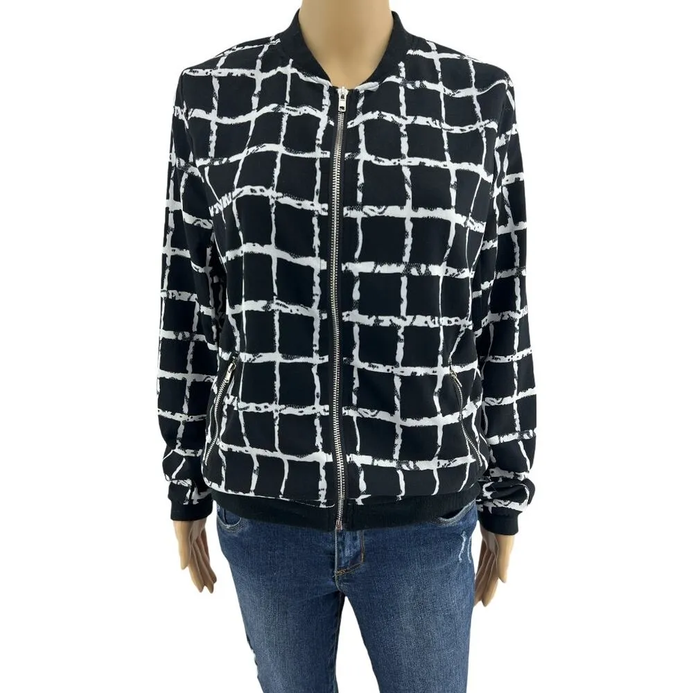 Beulah (M) Black White Plaid Zip Up Lightweight Bomber Jacket - Image 2