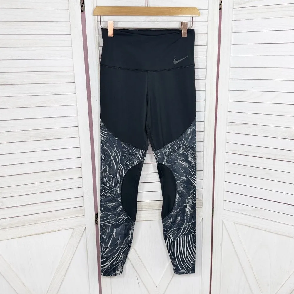 Nike  Power Gym Flutter Feathers Print Leggings Black Grey Womens Small - Image 3