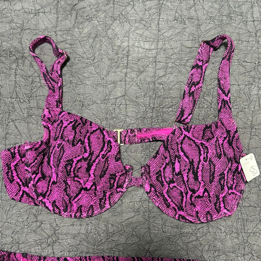 NEW Jessica Simpson Pink Magenta Snake Print Ribbed Bikini Set Underwire Top - Image 7