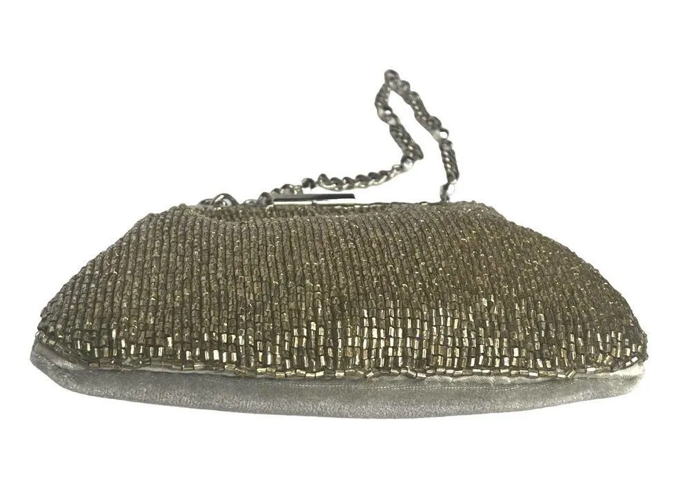 Liz Claiborne Art Deco Gold Seed Bead HANDBAG Silver Metal Frame Evening Purse - Image 3