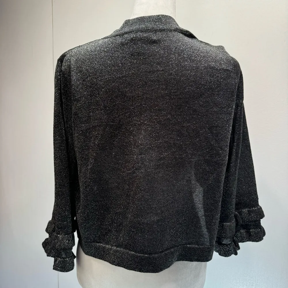 August Silk Black & Silver Metallic Open Front 3/4 Ruffle Sleeve Bolero Shrug S - Image 6