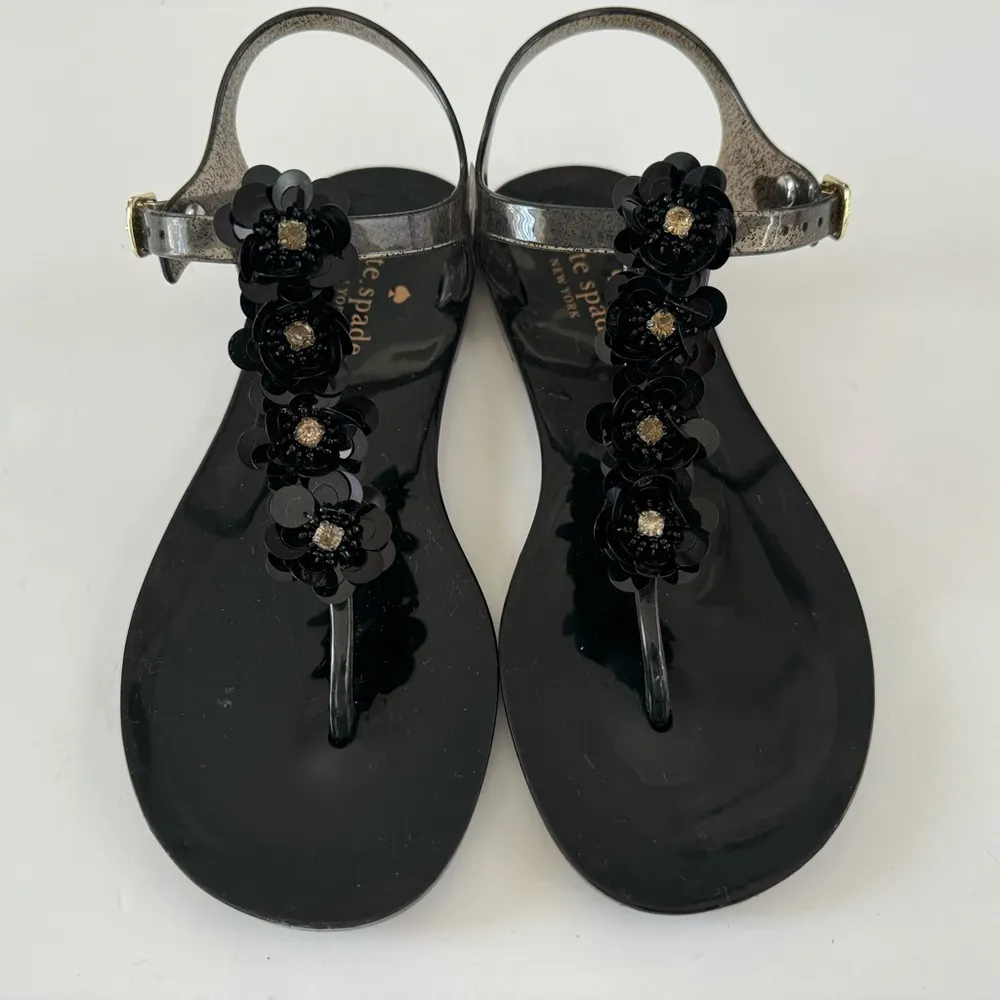 Kate Spade Farrah Black Glitter Jelly Sandals Rhinestones Floral Sz 6 Rubber - Image 5