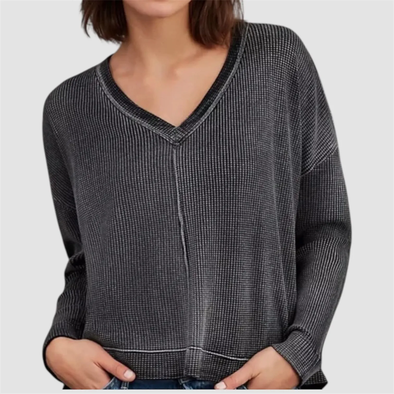 Pilcro Anthropologie Charcoal Waffle Knit V Neck Long Sleeve Top Size S - Image 5