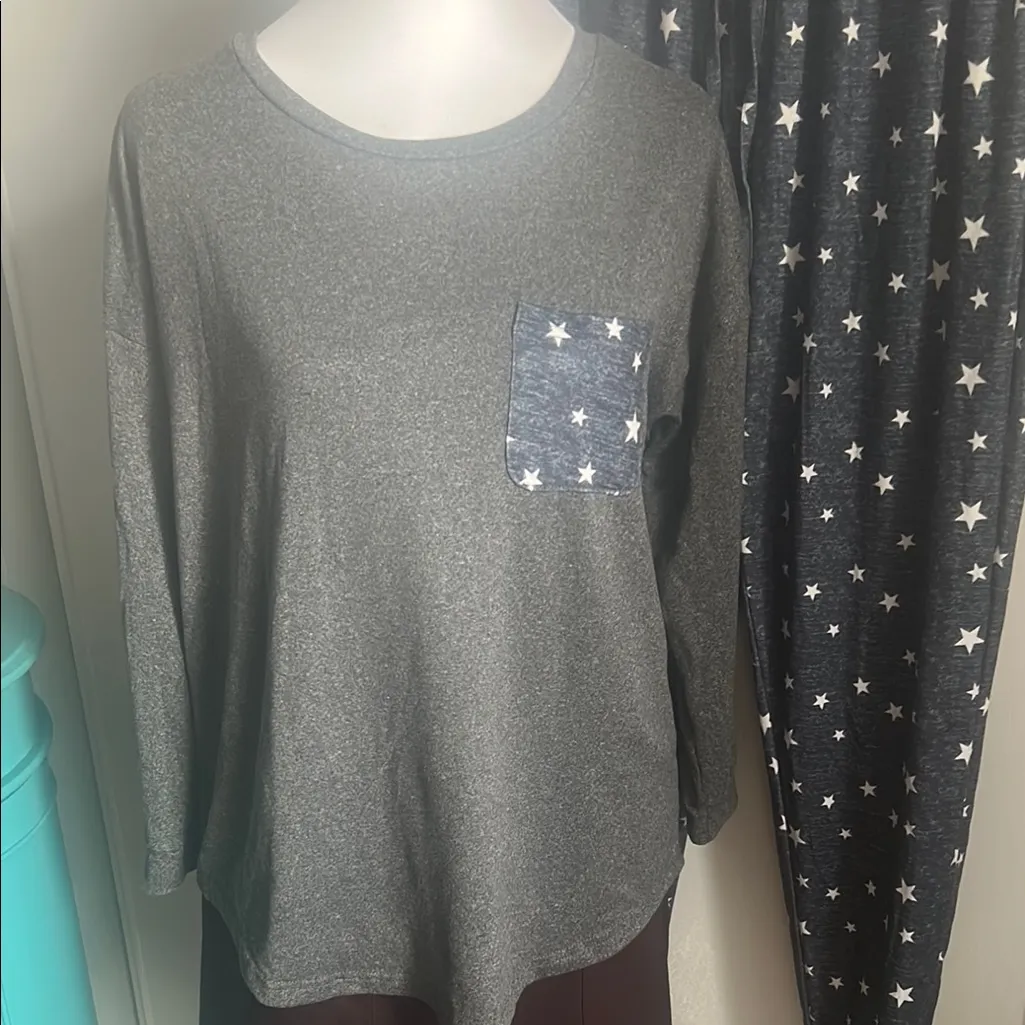 Women’s Gray and Navy Star Print Matching Long Sleeve Soft Lounge Pajama Set - Image 2